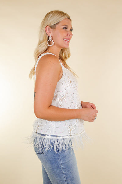 Mesh Top with Feathers, White
