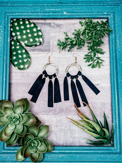 Black Leather Country Fringe Earrings, Gold
