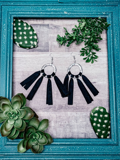 Black Leather Country Fringe Earrings, Silver