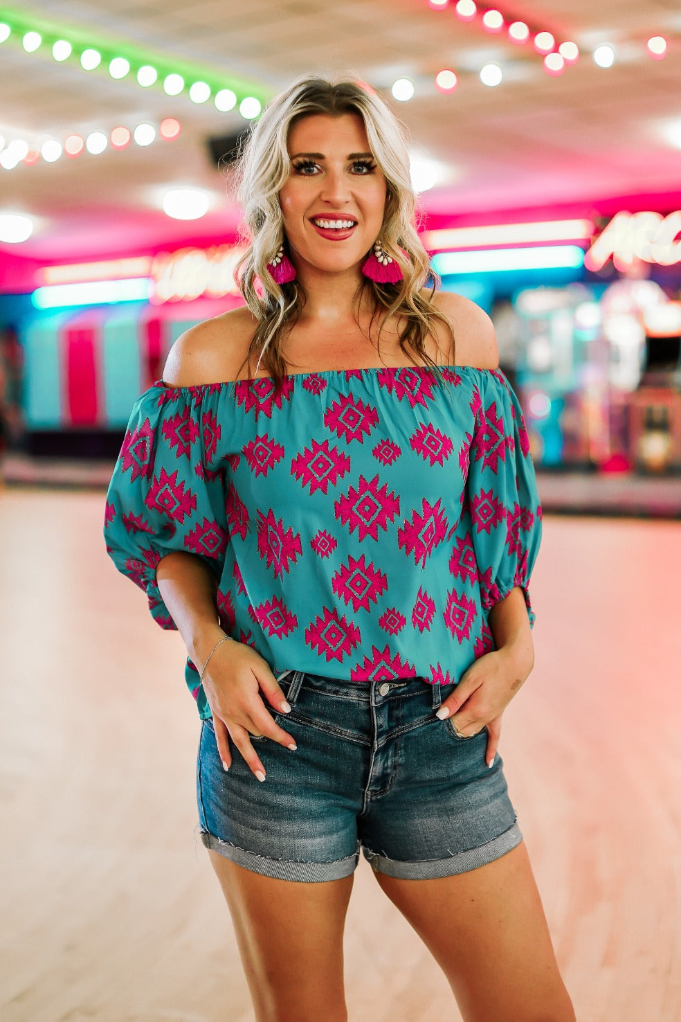 Rustic Touch Turquoise Off The Shoulder Top