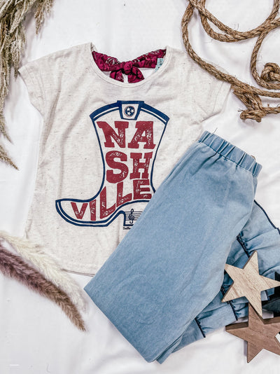 Girls' Nashville Boot on Heathered Beige Tee with Bow Back Detail