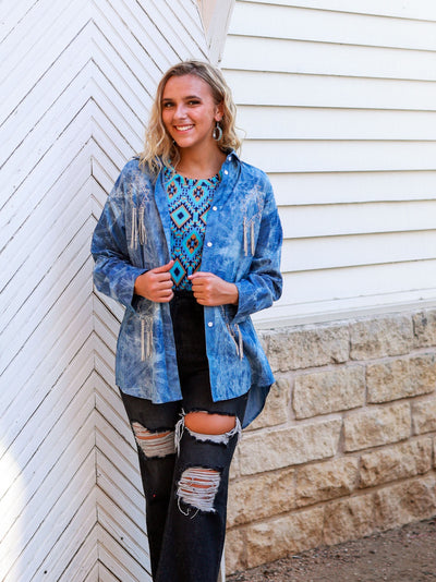 Sparkles and Spurs Denim Button Down with Rhinestone Fringe