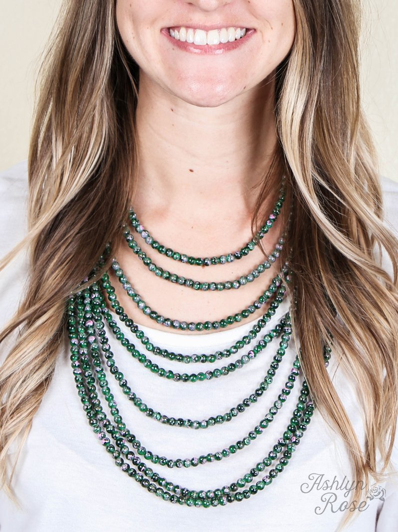 To the Nines Multi Layered Forest Green Necklace with Pink Splatter, Gold