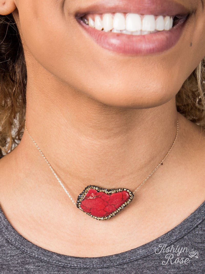 Red Stone Pendant with Honey Crystal Accents on Gold Chain Choker