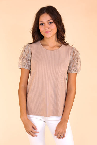 Tan Elegance Ribbed Tee with Lace Puff Sleeves