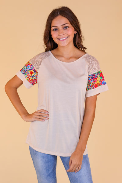 Beige Top With Lace Sleeves and Multi Floral