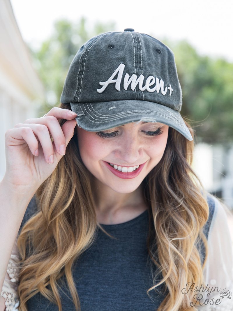 White Amen Embroidery on Charcoal Hat