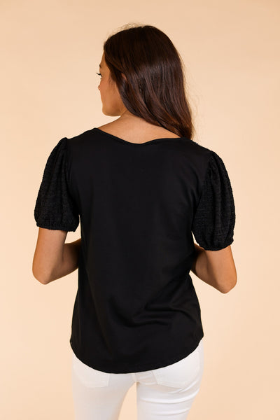Black Top With Floral Lace and Puff Sleeve