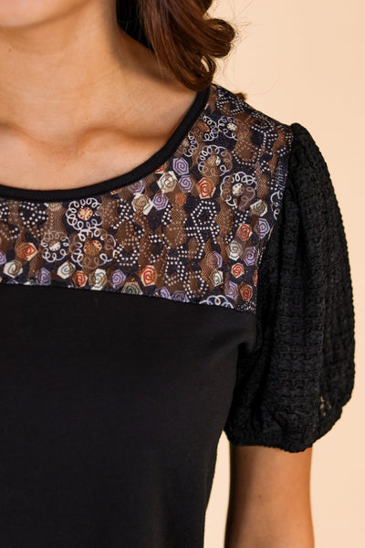 Black Top With Floral Lace and Puff Sleeve
