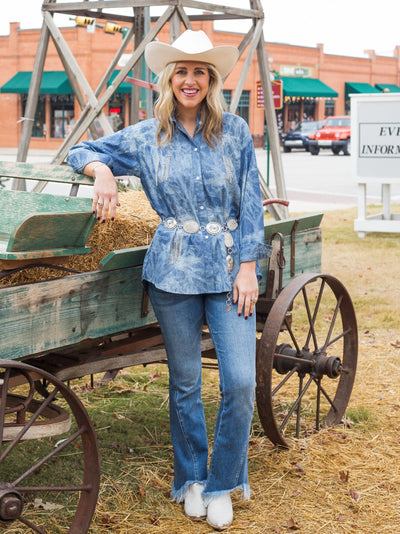 'Sparkles and Spurs' Denim Button-Up with Rhinestone Fringe