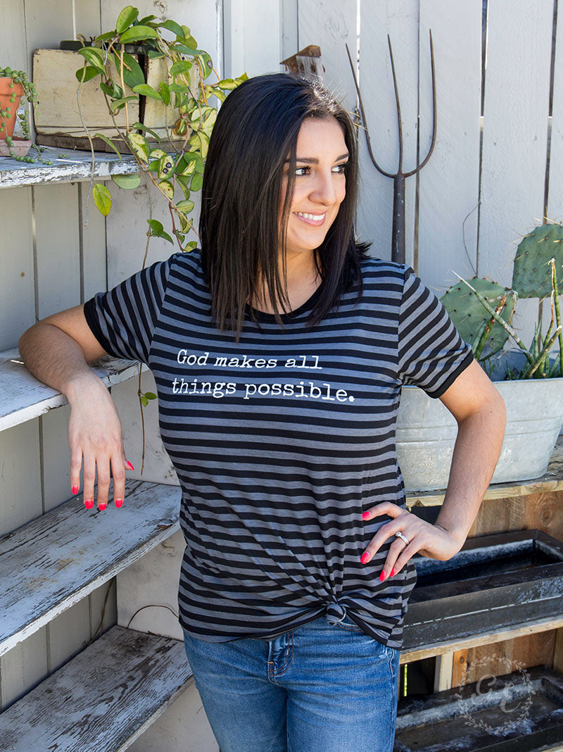 God Makes All Things Possible on Black & Grey Striped Ringer Tee