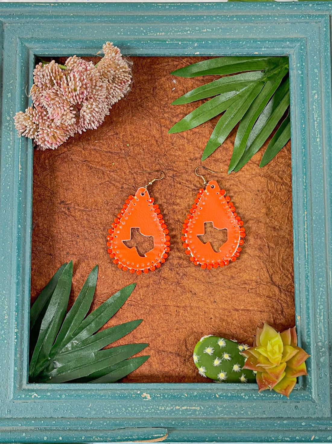 Orange Leather Teardrop Texas Cutout Earrings, Copper