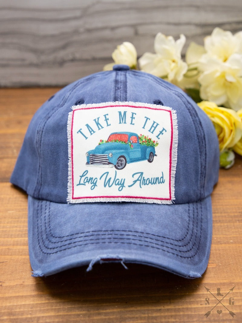 New Take Me The Long Way Around Patch (blue) On Blair's Navy Distressed Ball Hat