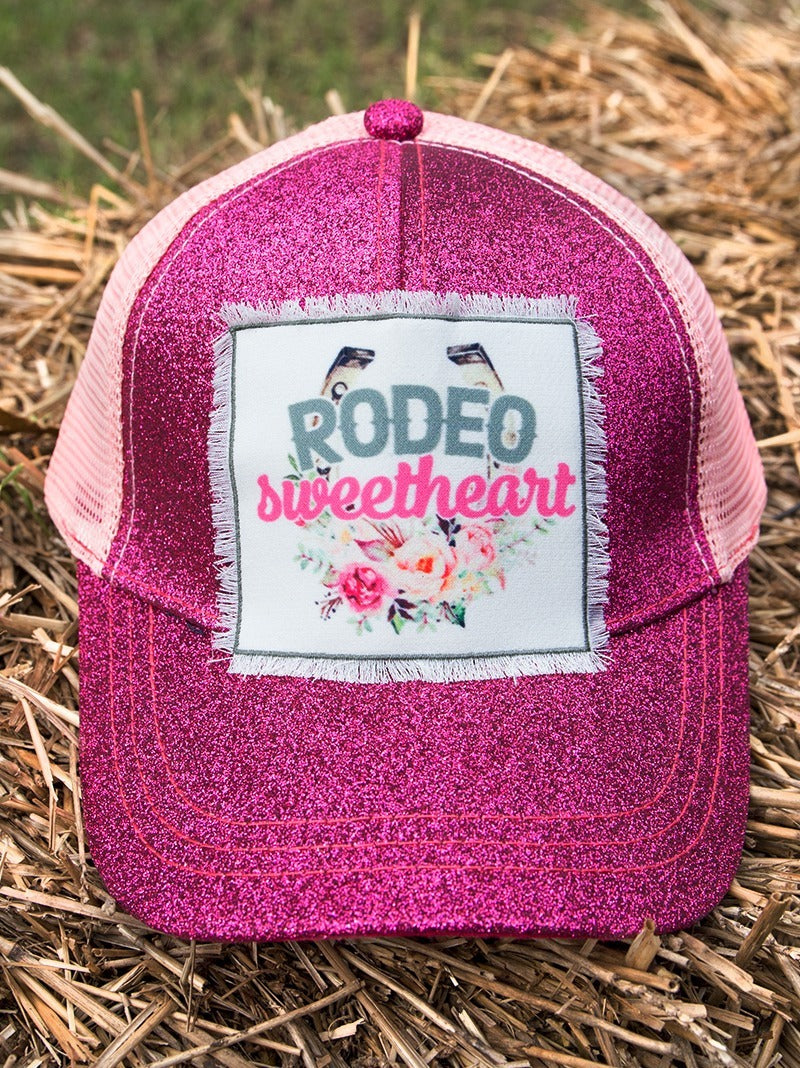 Rodeo Sweetheart Patch On Hot Pink Glitter High-Ponytail Hat