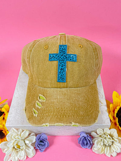 Turquoise Cross Leopard Patch on Distressed Mustard Hat