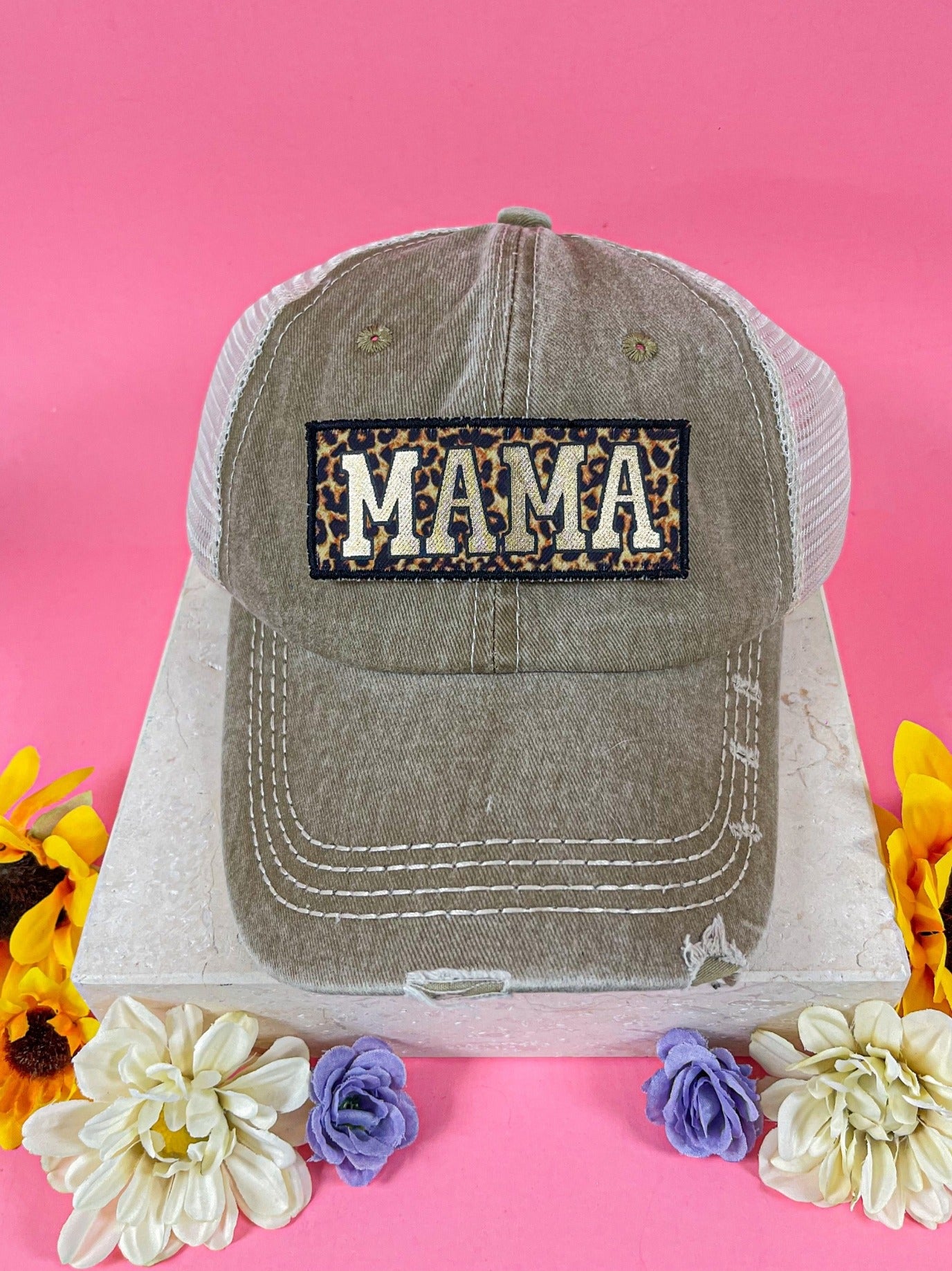 GOLD Leopard Mama Patch on Tan Distressed Hat with Ivory Mesh