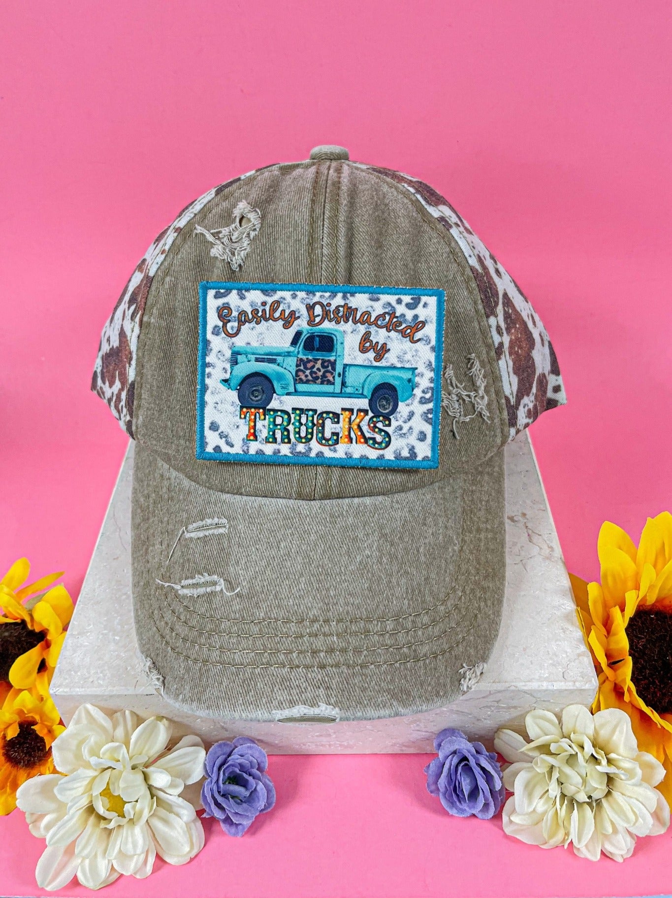 Easily Distracted By Trucks Patchon Distressed Cow Print Criss-Cross Back Hat