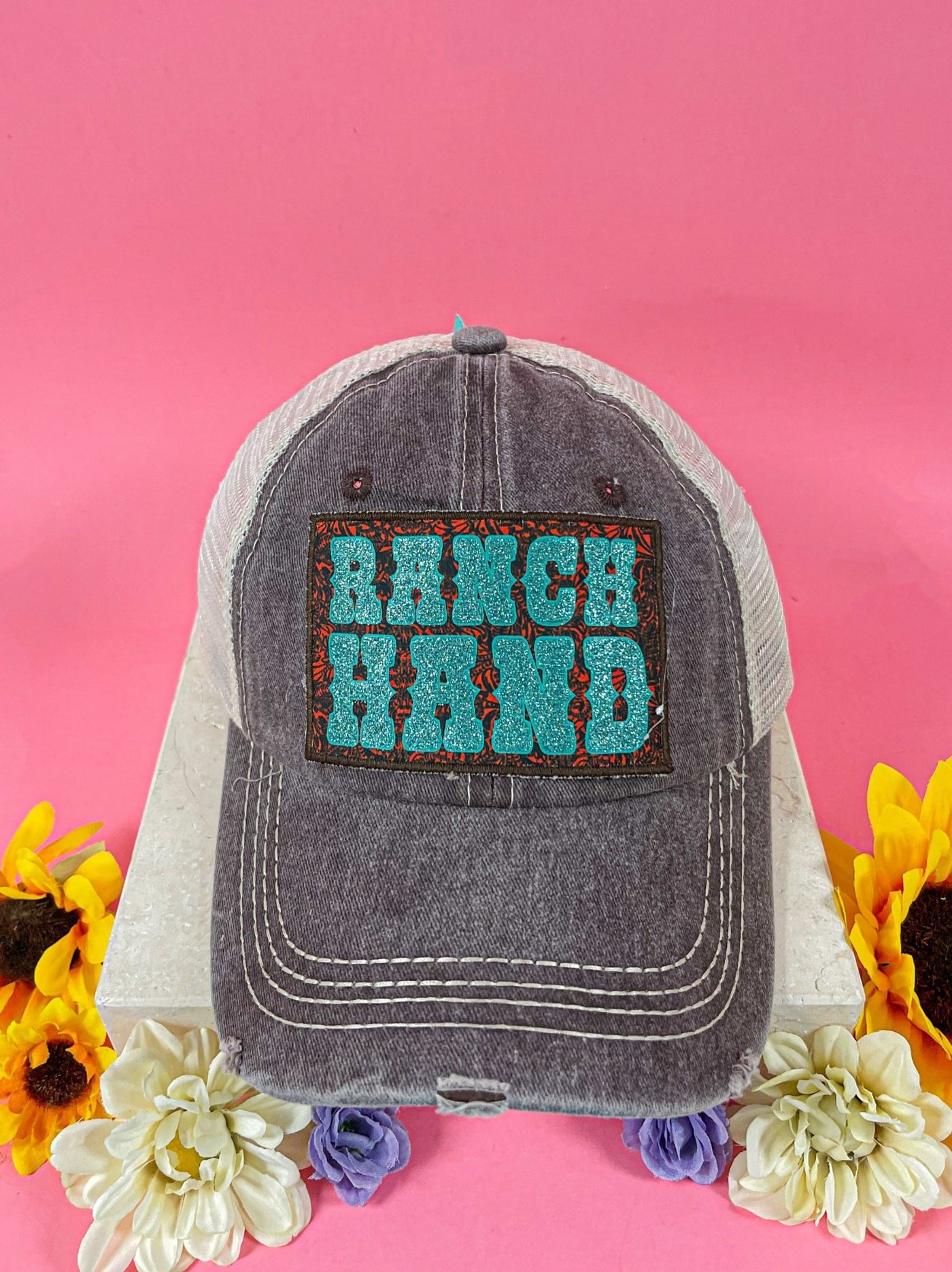 Ranch Hand Patch On Light Brown Distressed Hat with Mesh