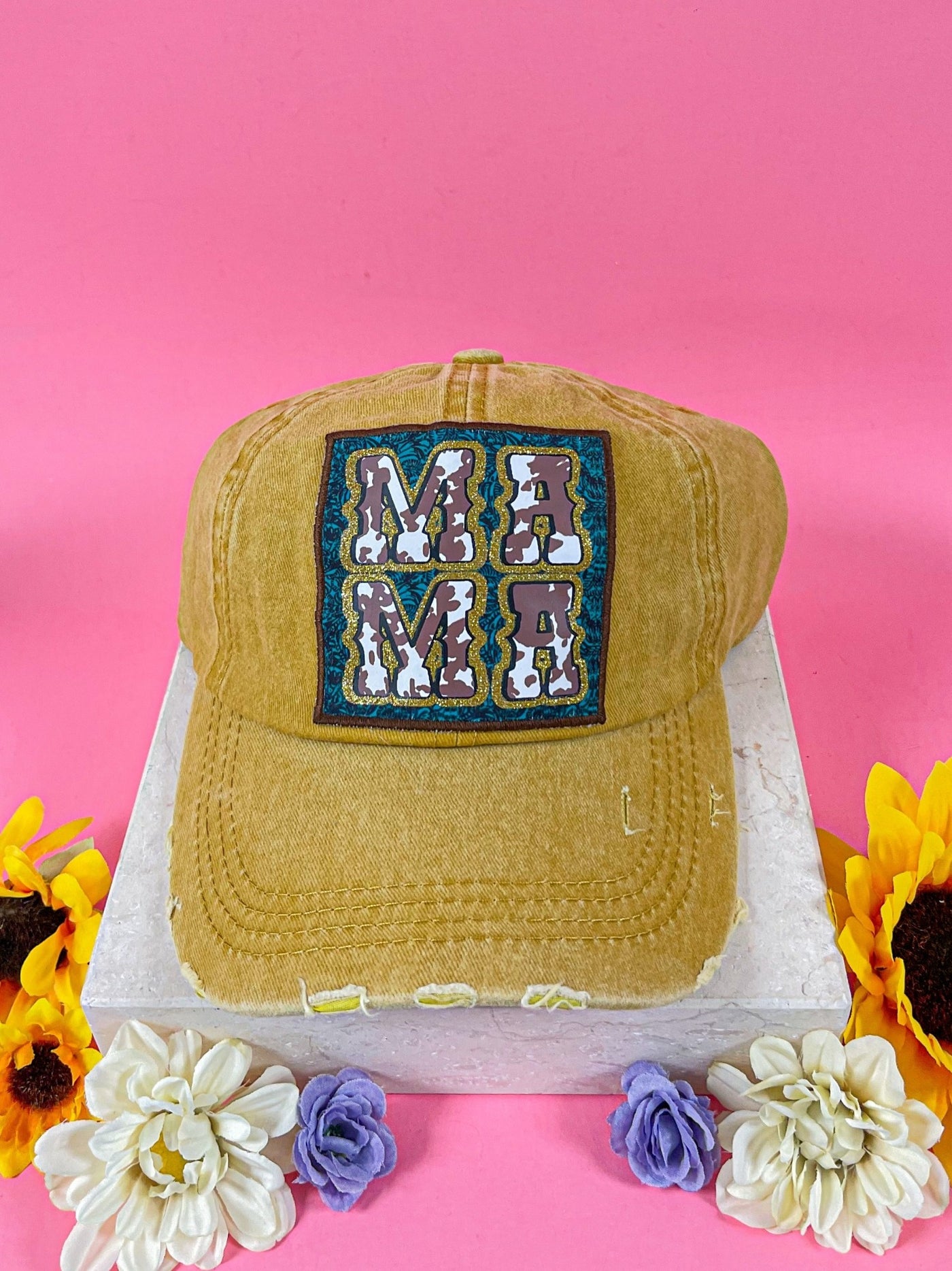 Mama Mama Turquoise Patch on Distressed Mustard Hat