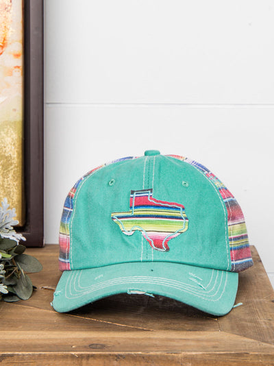 Embroidered Serape Texas on Turquoise Hat with Serape Fabric
