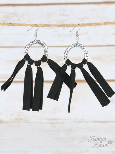 Black Leather Country Fringe Earrings, Silver