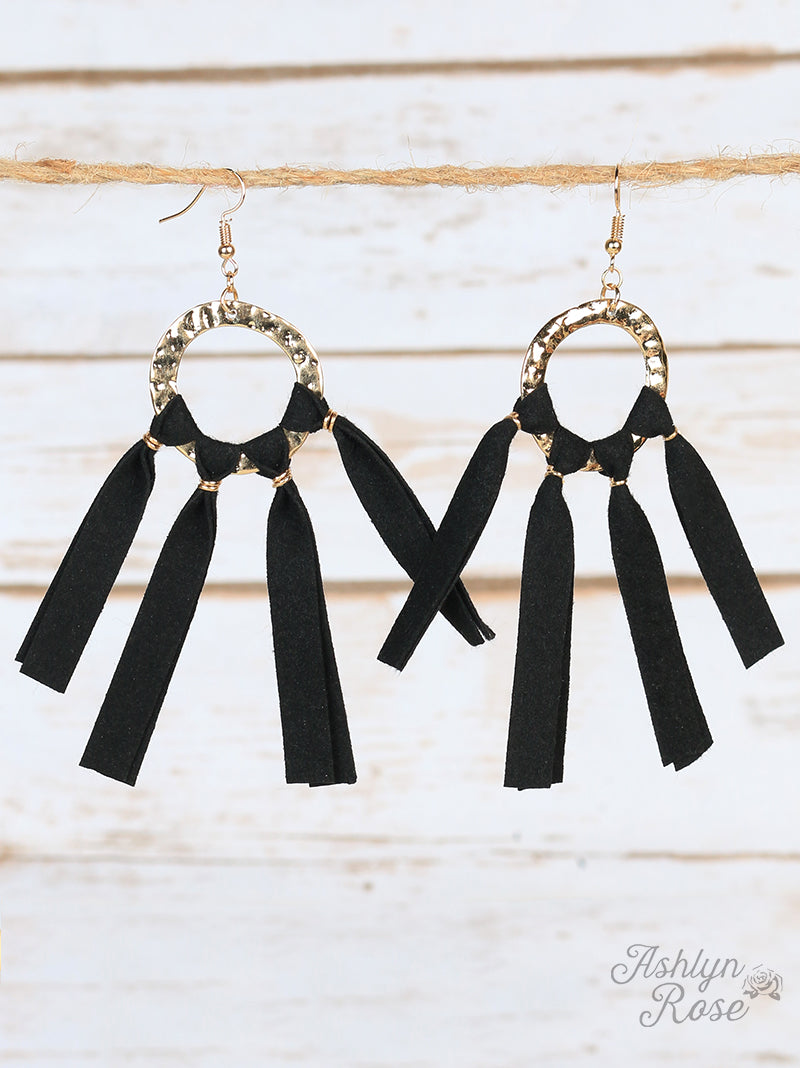 Black Leather Country Fringe Earrings, Gold