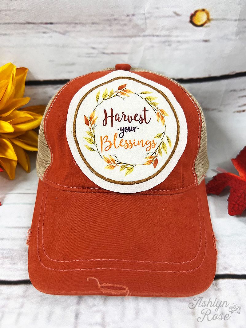 Harvest Your Blessings Patch on Burnt Orange High Ponytail Hat with Beige Mesh