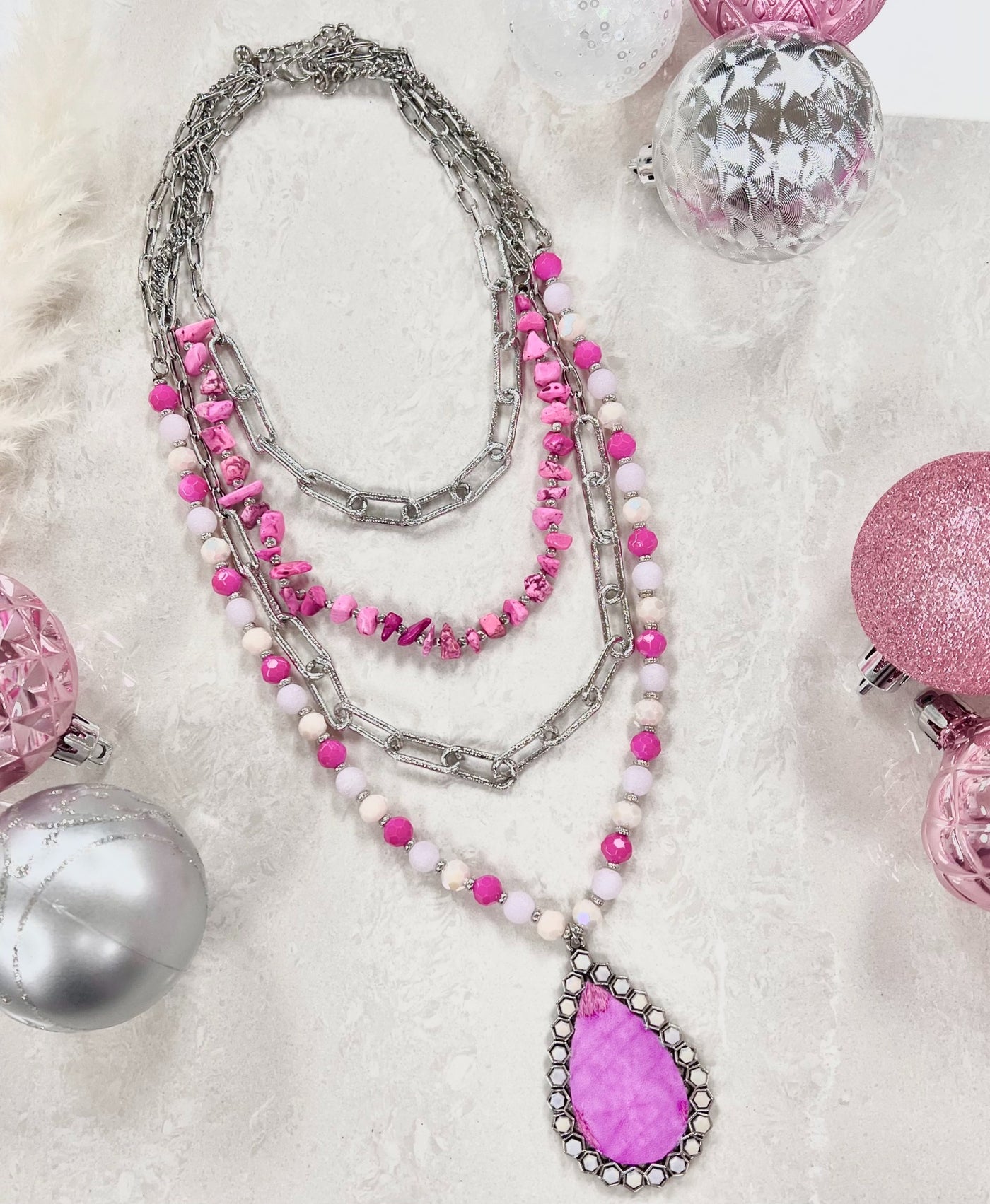 Pink Moment Four-Strand Silver Necklace