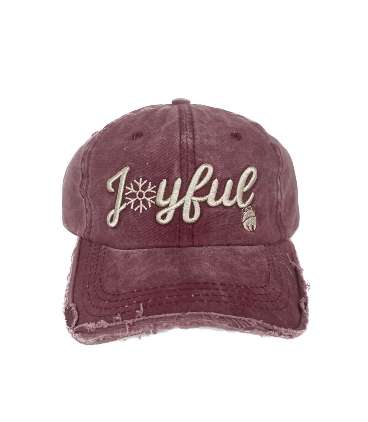 White Joyful Embroidery on Bright Maroon Hat