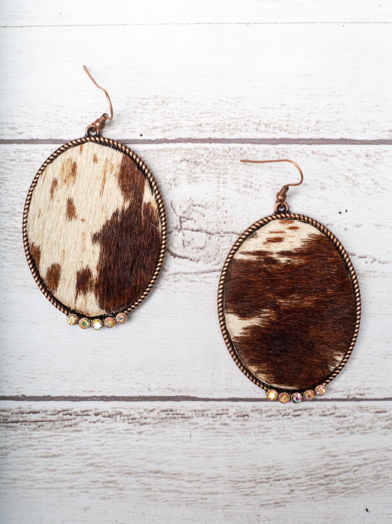 Feelin' Ranchy Brown Cowhide Oval Copper Earrings with AB Crystals