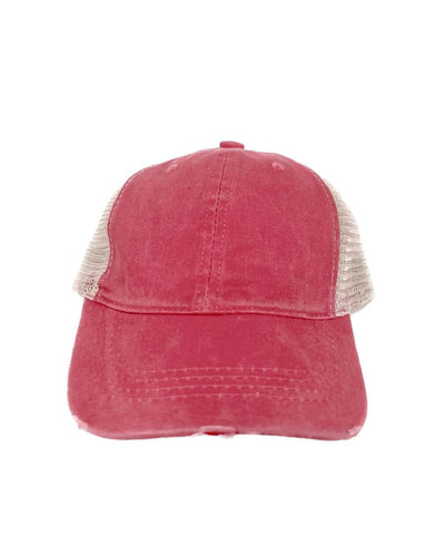 GIRLS High Ponytail RED Hat with Beige Mesh