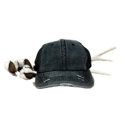 GIRLS Distressed Black Hat with Mesh