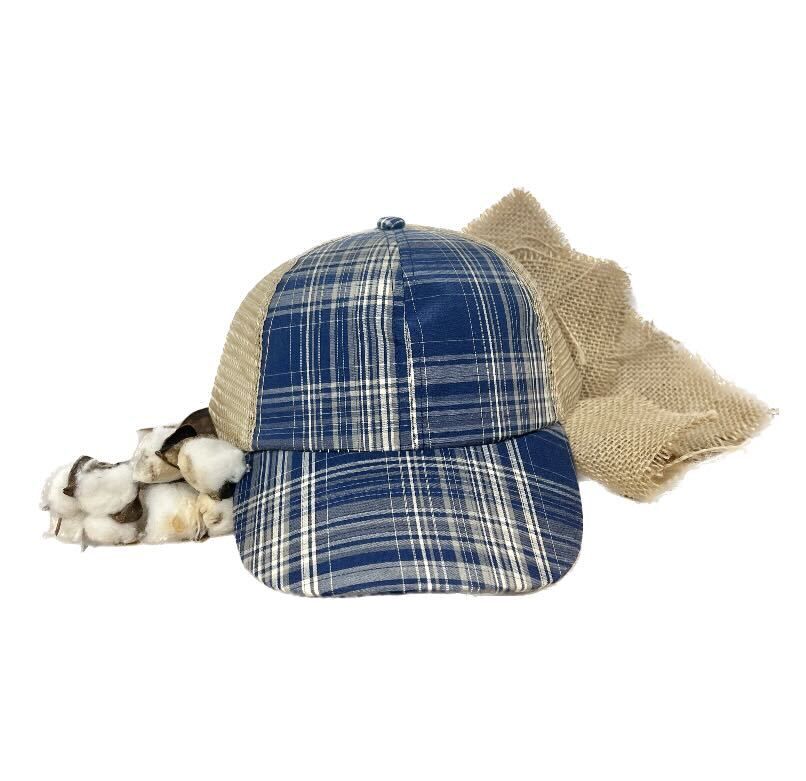 GIRLS Lets Play Baseball, Blue Plaid Hat with Beige Mesh