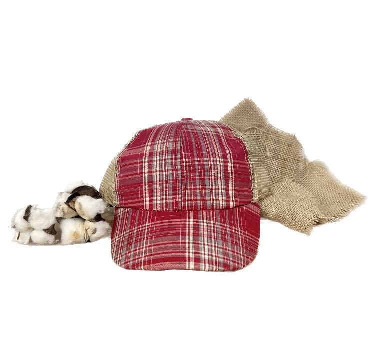 GIRLS Lets Play Baseball, Red Plaid Hat with Beige Mesh