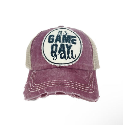 It's Game Day Y'All Patch  on Vintage Maroon Distressed Hat with Beige Mesh
