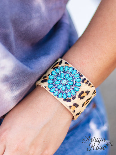 Can't Cuff Me Leopard Suede Cuff Button Bracelet With A Turquoise Circular Flower Stone