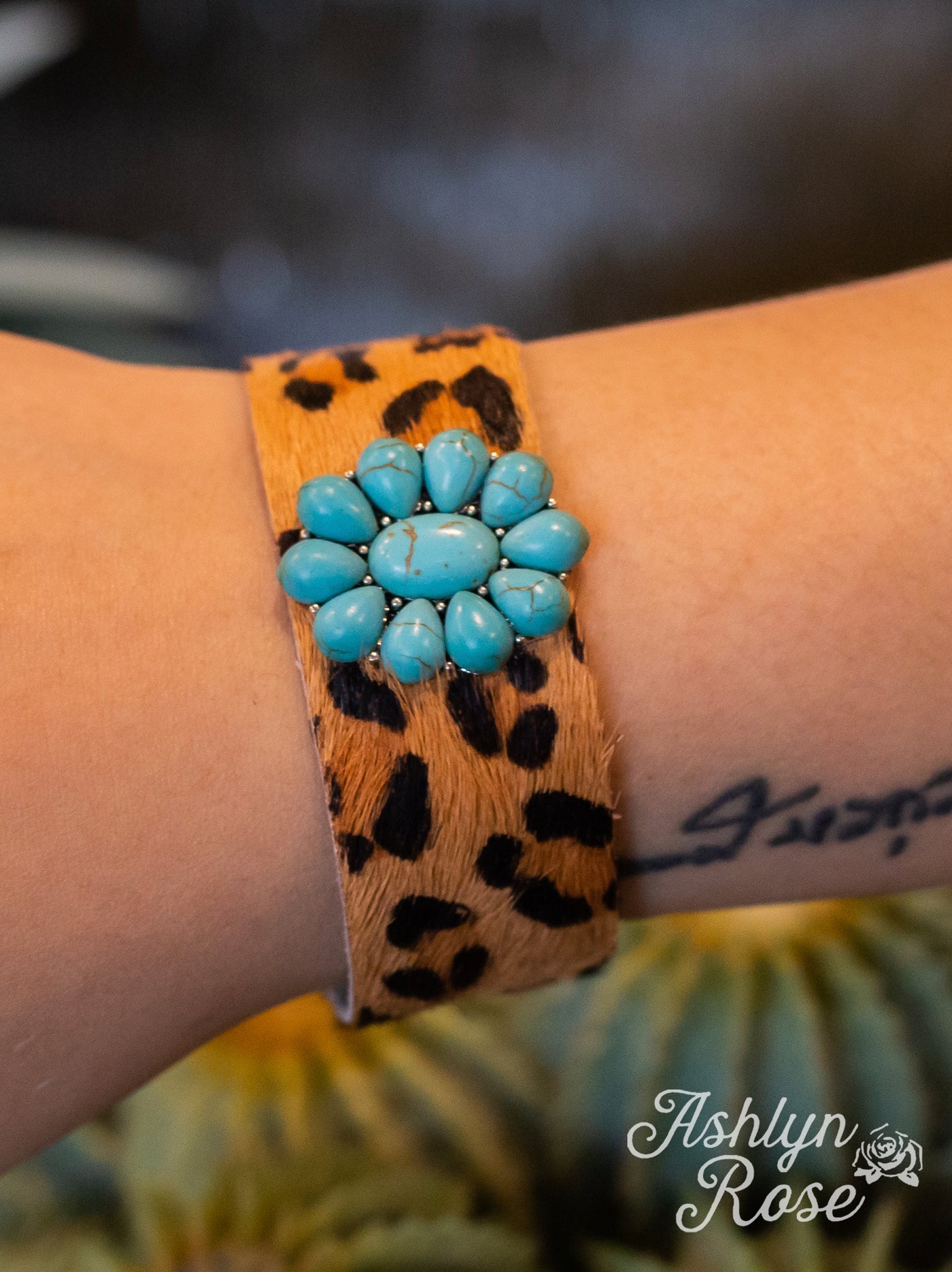 Ghost Town Gem Brown Leopard Suede Cuff Button Bracelet With A Turquoise Flower Stone
