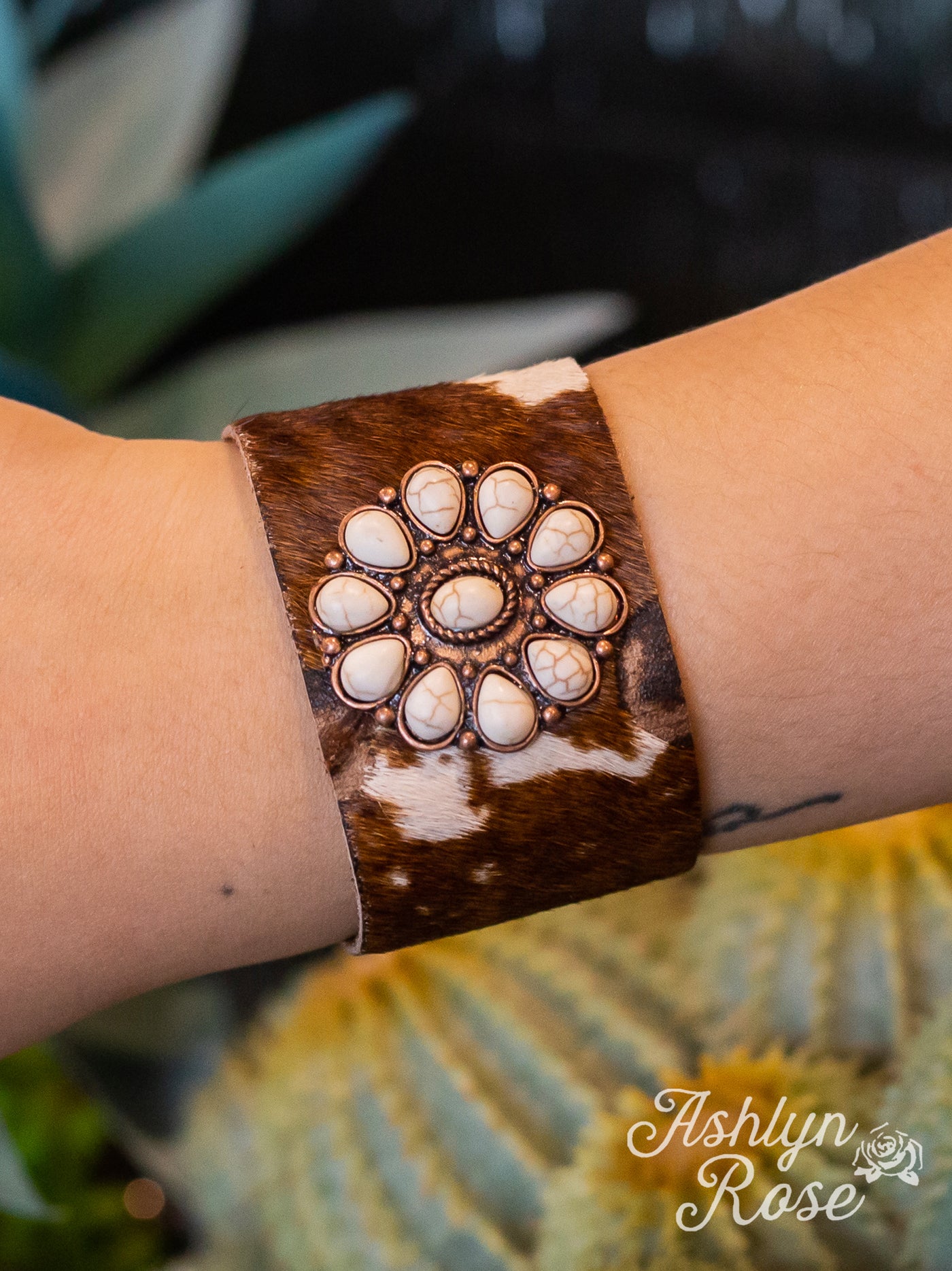 Country Coffee Date Brown Cow Suede Cuff Button Bracelet With A White Flower Stone