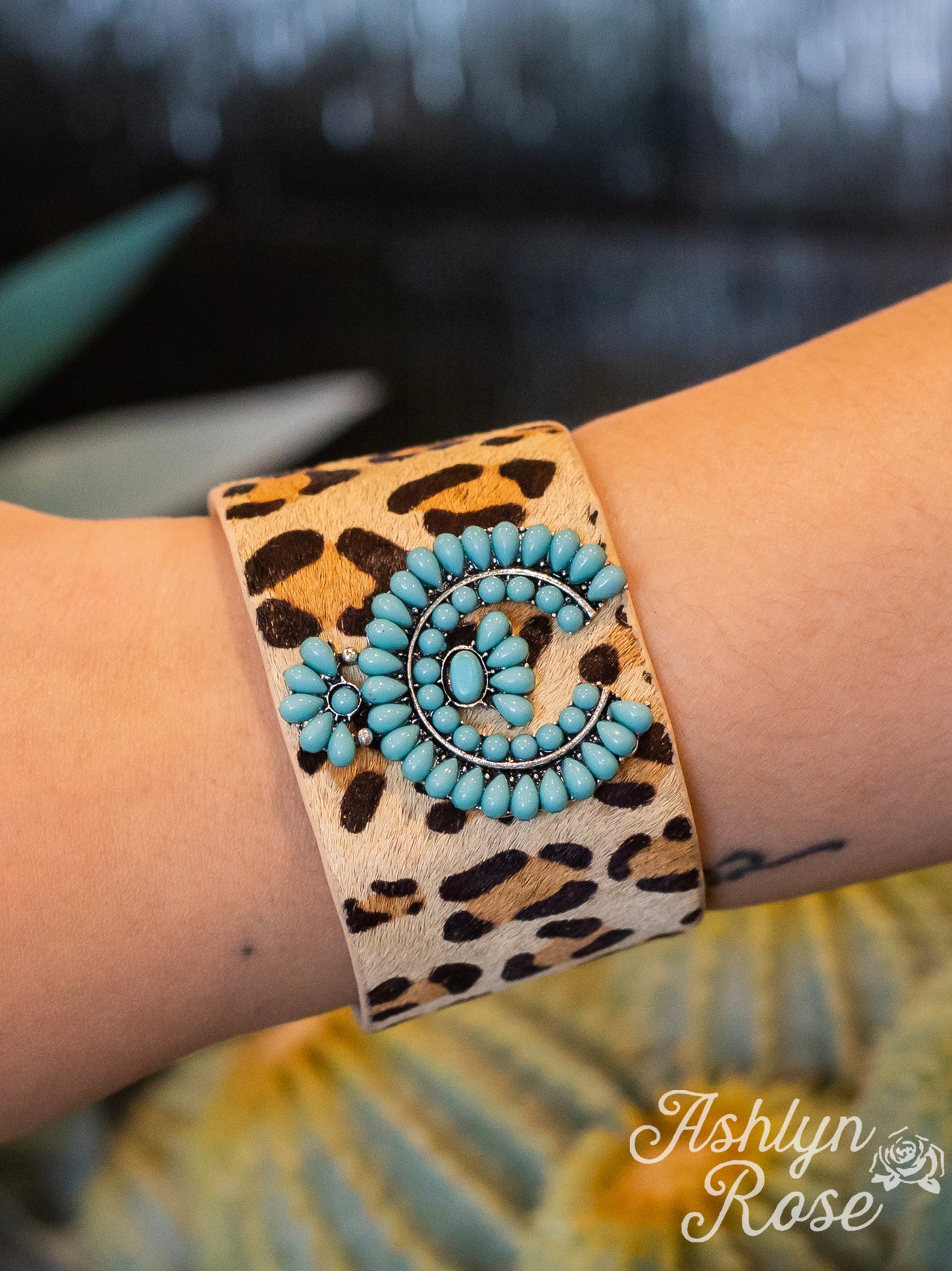 All Wrapped Up Leopard Suede Cuff Button Bracelet With A Turquoise Stone Squash Blossom