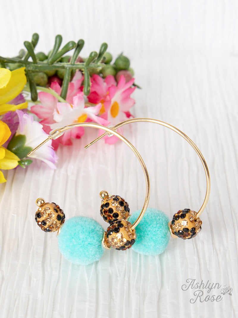 Fuzzy Leopard Hoop Earrings, Turquoise