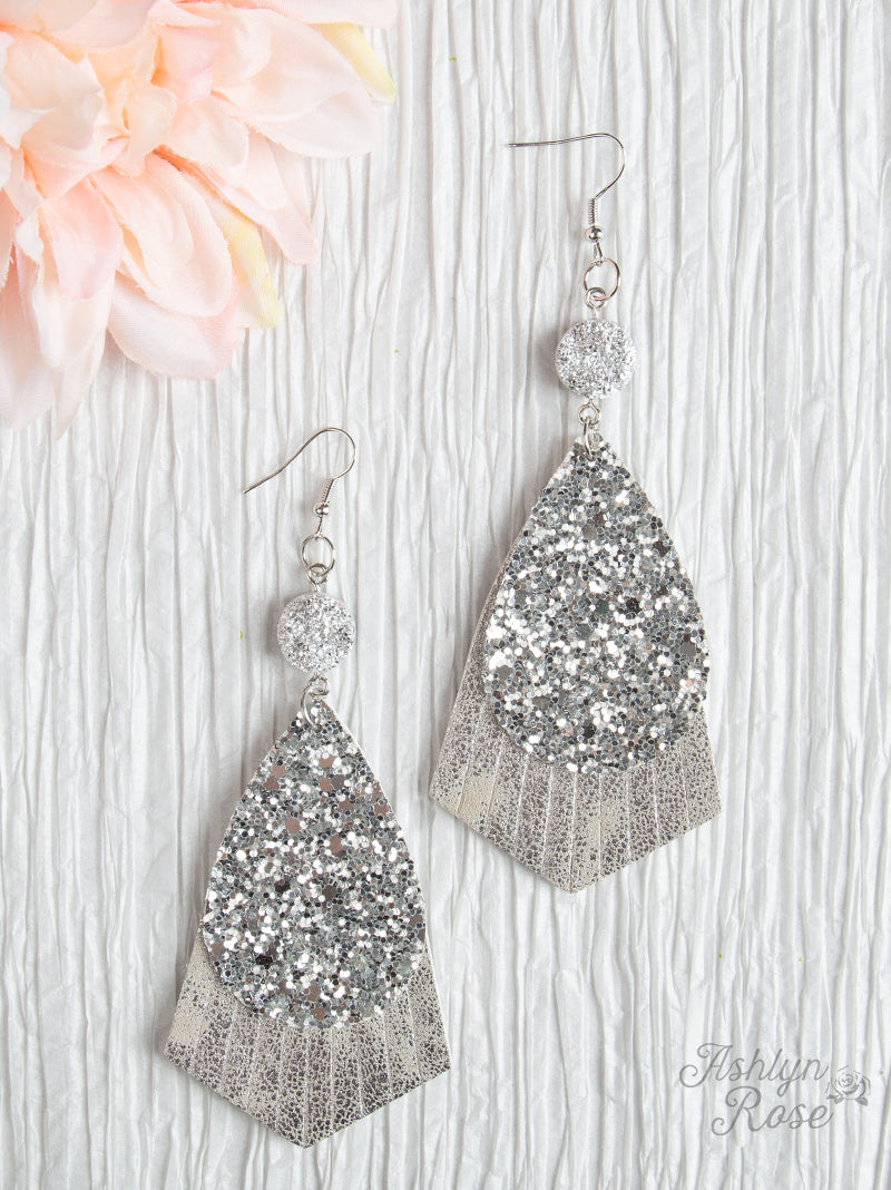 Party Cowgirl Fringe Teardrop Earrings with Silver Glitter