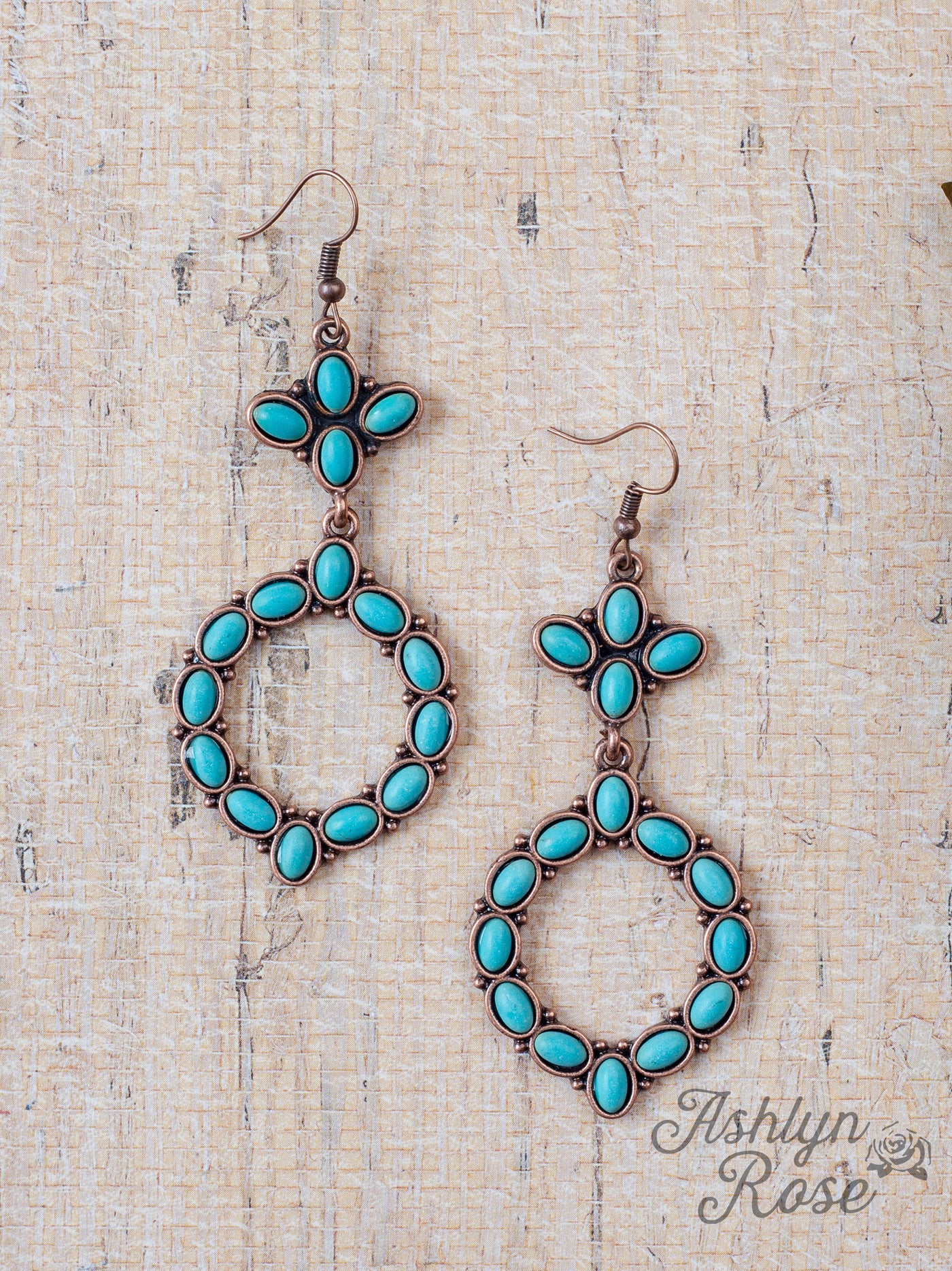 Touch Of A Cowgirl Turquoise And Bronze Dangly Hoop Earrings