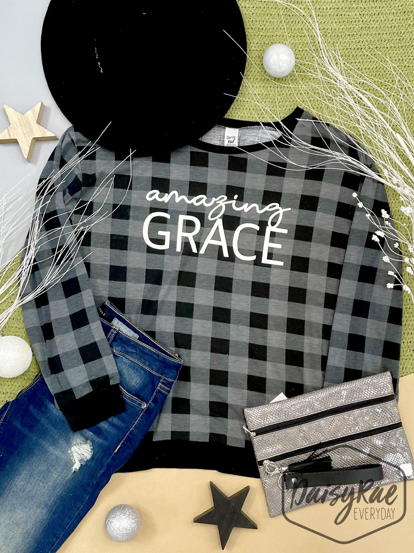 Amazing Grace on Plaid With Me Long Sleeves T-Shirt, Grey