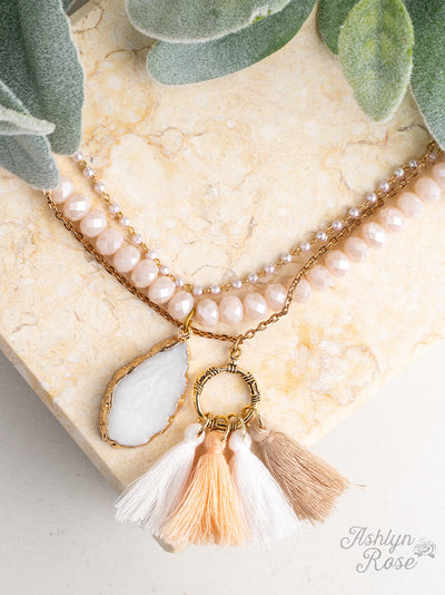 Graceful as Can Be Beaded Necklace with Stone Pendant and Tassels