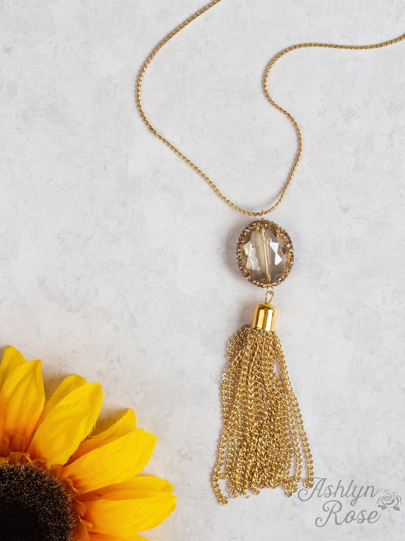 Boss Lady Gold Tassel Necklace with Gemstone