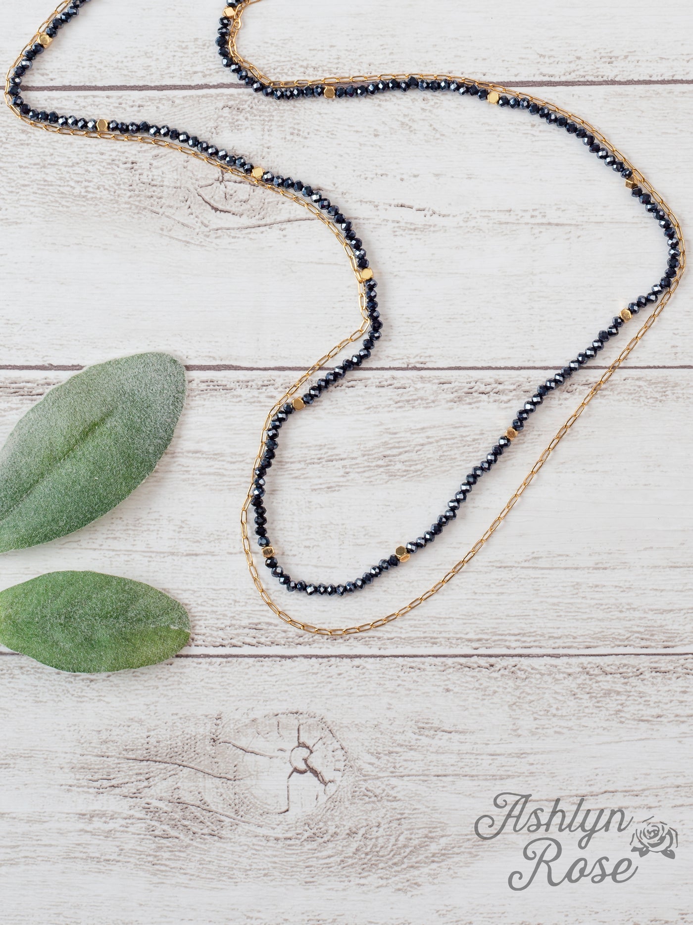 Glitz, Glam, Simple Strands Double Beaded Navy Blue Necklace with A Gold Chain