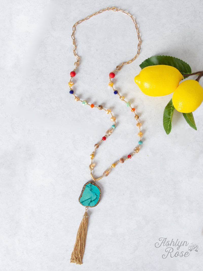Boho Girl Tassel Necklace with Turquoise Stone