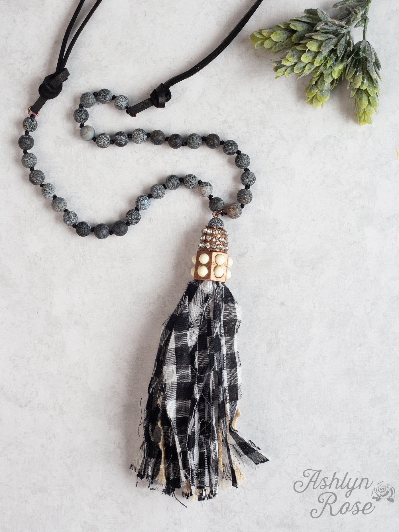 Woven to You Gingham Beaded Tassel Necklace