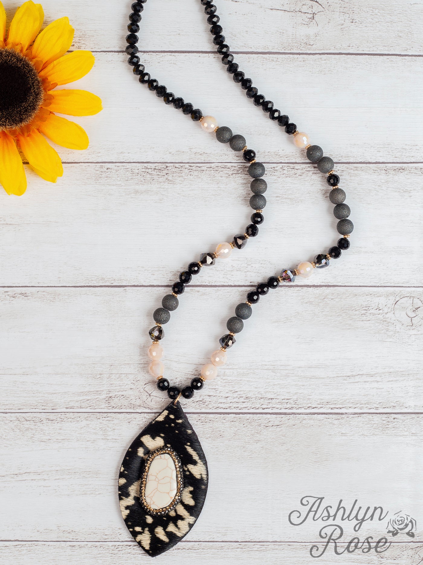 The Git Up Teardrop Beaded Necklace with Center Bedazzled Stone, Black Cow Hide