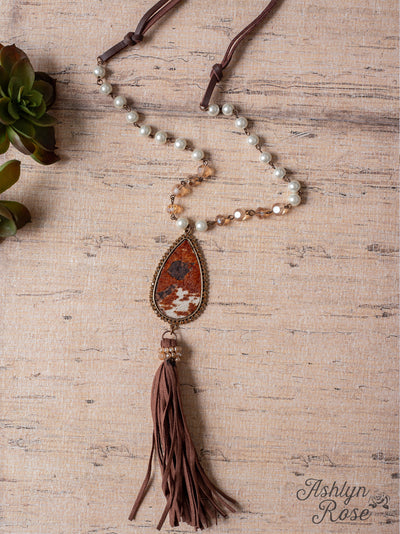 Call Me Crazy Brown Leather with Pearl and Cowhide Pendant with Tassel